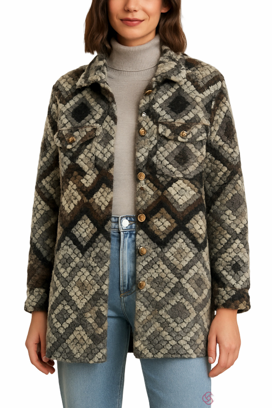 Boutique Shacket Italian Wool Bobble Knit Button Multi Tonal Grey Fit LARGE